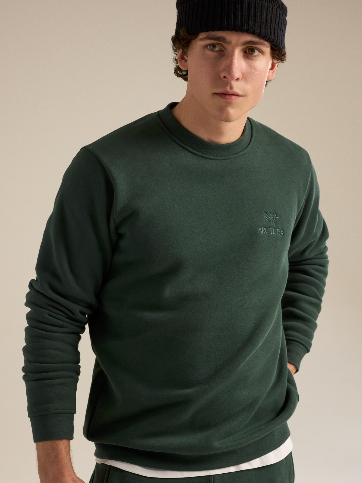 Emblem Fleece Crew Neck Pullover Dark Jade Detail 1