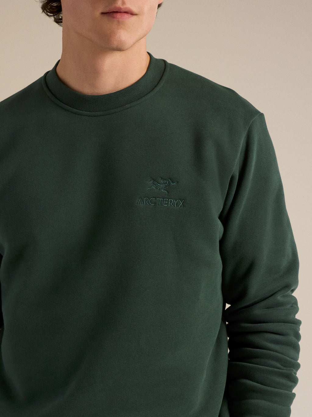 Emblem Fleece Crew Neck Pullover Dark Jade Fabric Detail