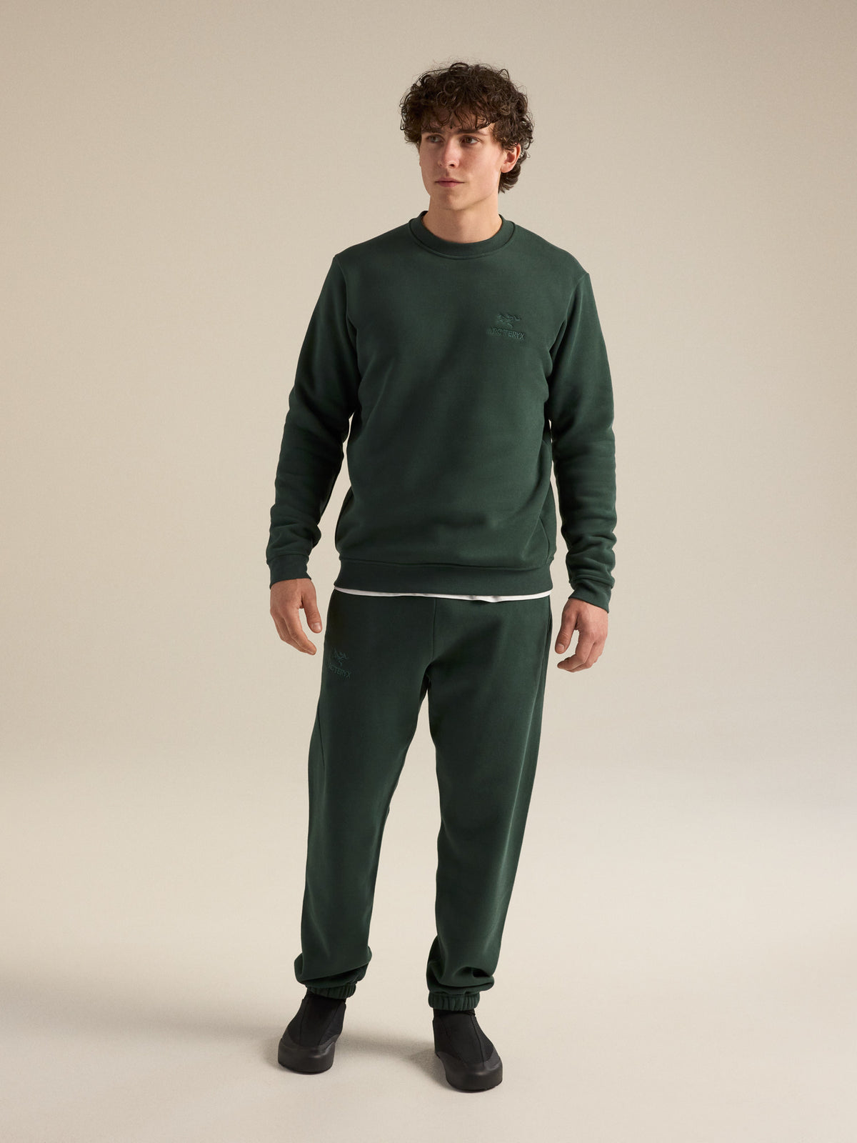 Emblem Fleece Crew Neck Pullover Dark Jade Full Body