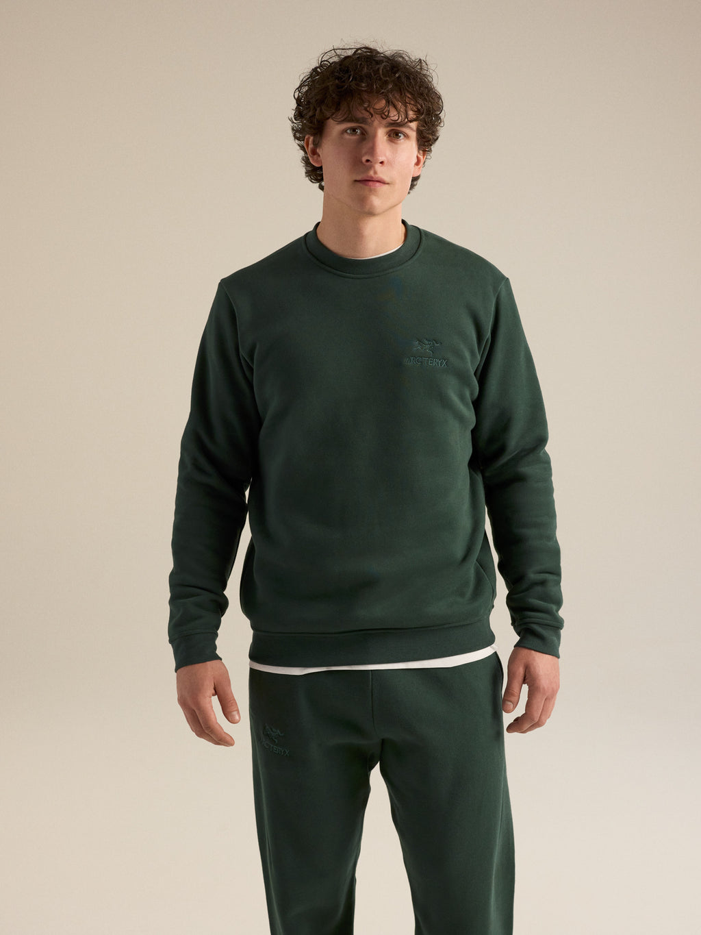 Emblem Fleece Crew Neck Pullover Dark Jade Front View