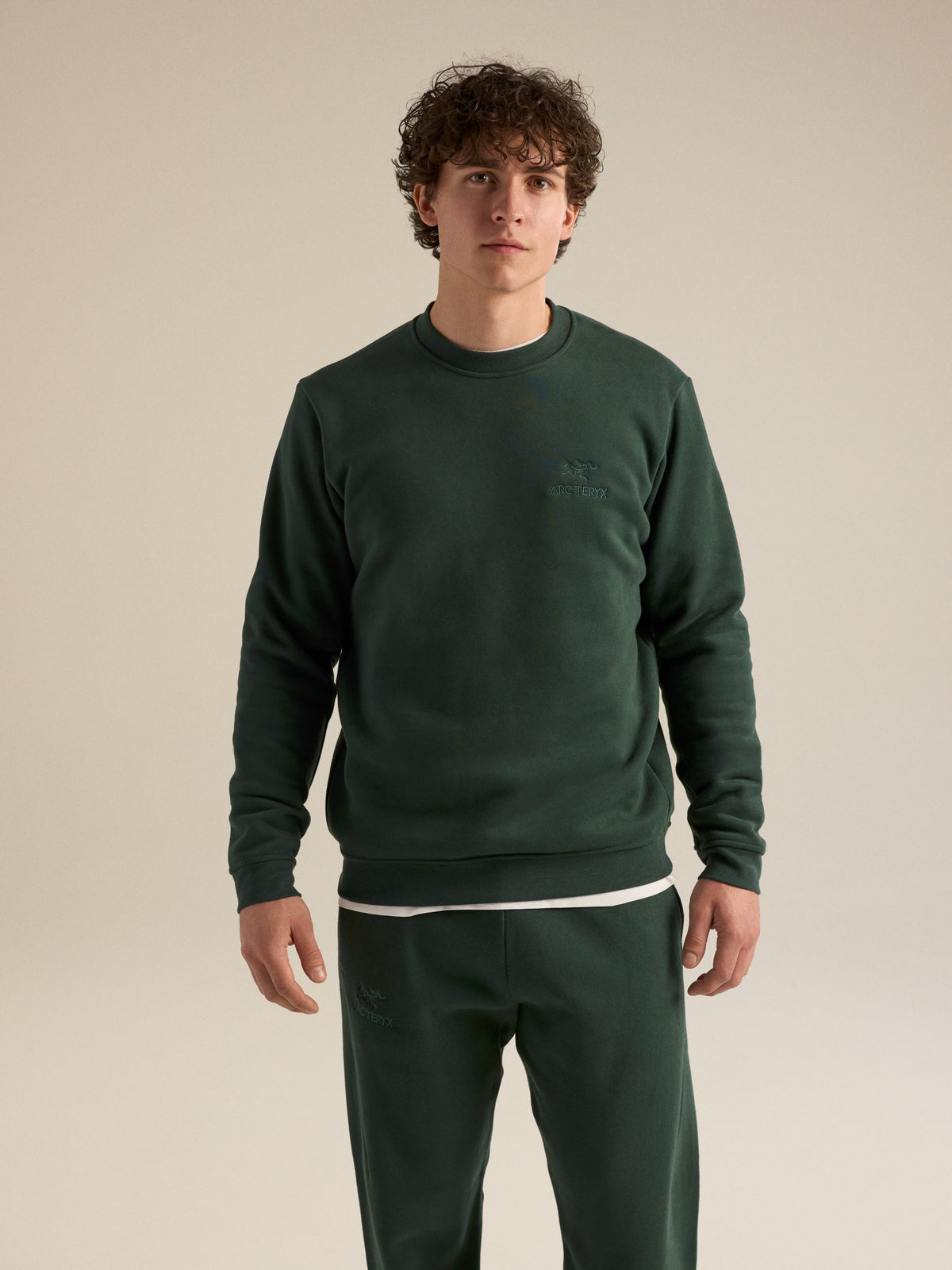 Emblem Fleece Crew Neck Pullover Dark Jade Front View