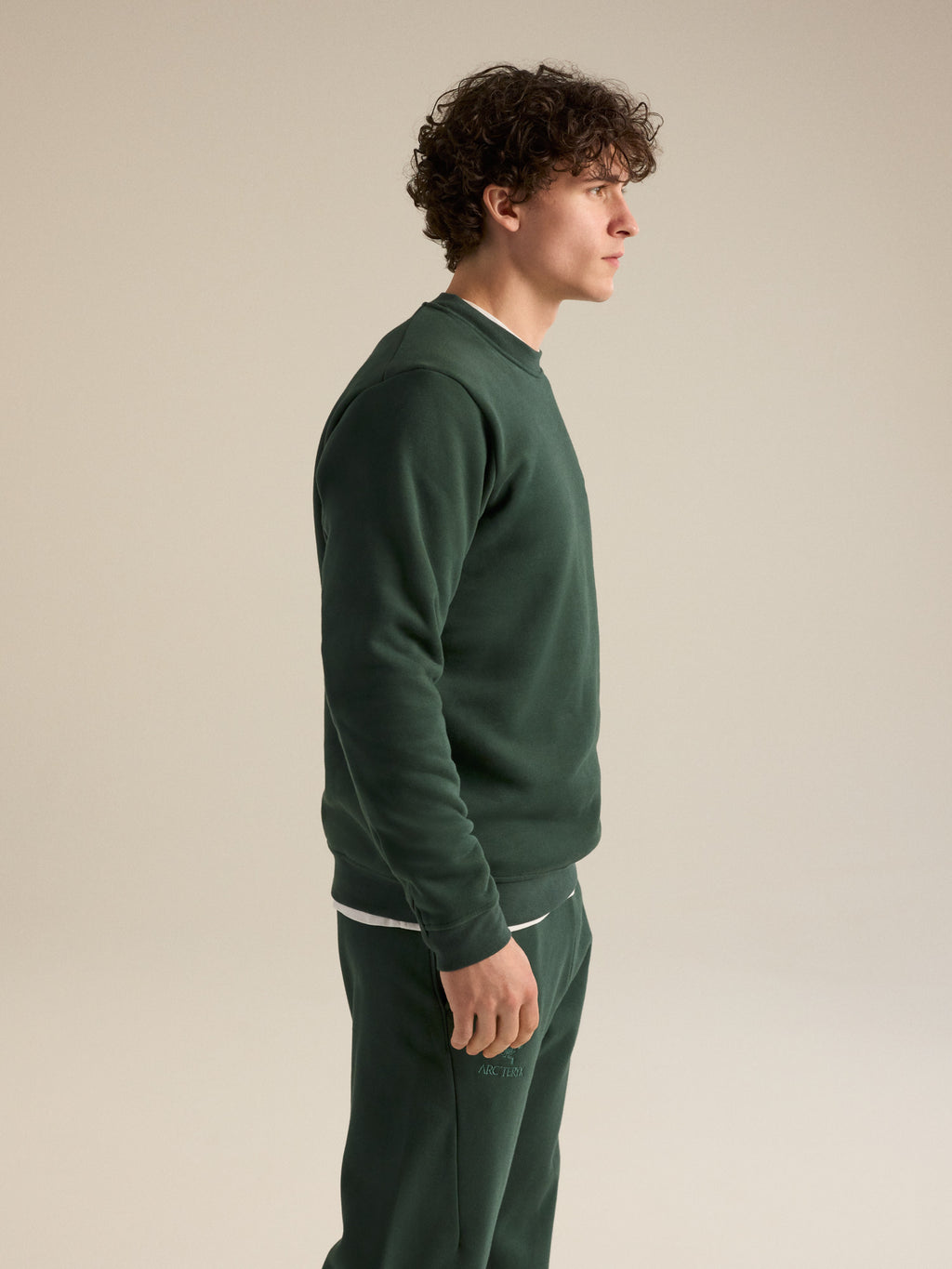 Emblem Fleece Crew Neck Pullover Dark Jade Side View