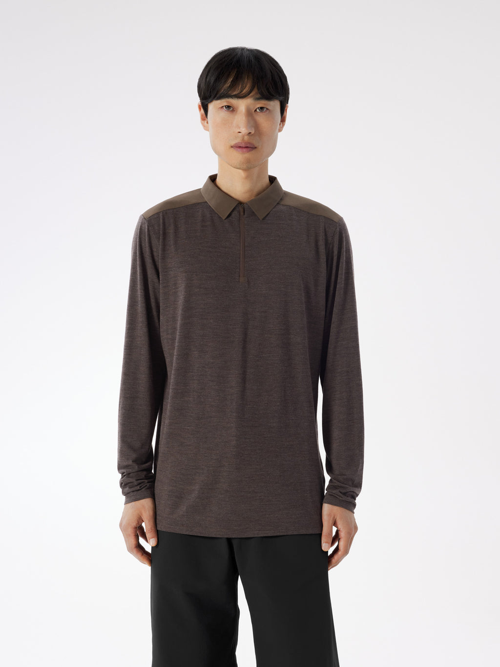 Frame Polo Shirt LS Sable Heather Front View