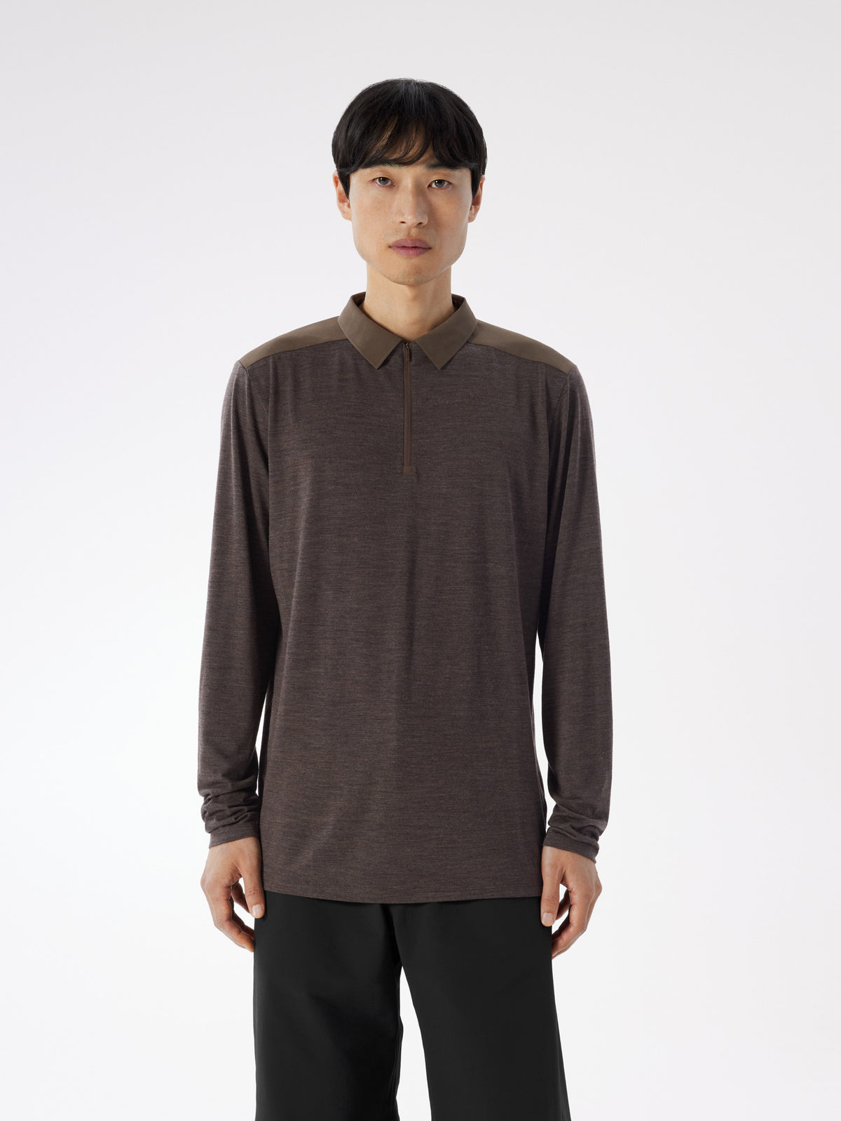 Frame Polo Shirt LS Sable Heather Front View